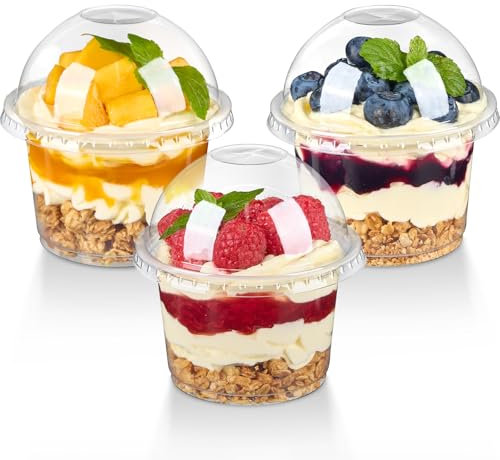 TOFLEN 100 Pack 8oz Clear Plastic Cups with Dome Lids, Disposable Dessert Cups Yogurt Parfait Bowls, Party Serving Cups for Appetizers, Ice Cream, Pudding, Dessert Shooters & Dessert Shot Glasses