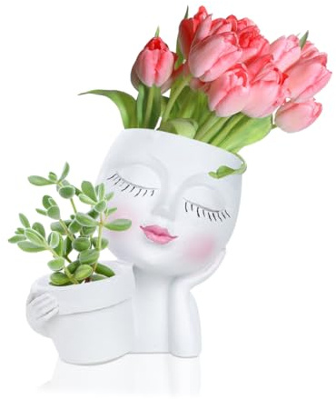 HyzaPhix Blumentopf Gesicht Frau, Pflanztopf Kopf Sukkulenten Pflanzgefäß Übertöpfe Plant Pots Für Indoor Outdoor Balkon Deko Gartendeko Home Decorations (Weiß)