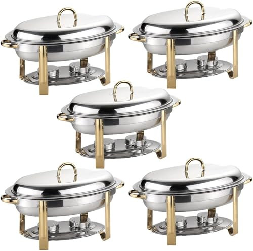 6L Oval Chafing Dish Set, 2/4/5/6 Pack Full Size Stainless Steel Buffet Warmer Tray with Food Pan, Water Pan and Fuel Holders, for Weddings Caterings Parties,5 Pack