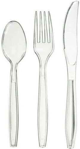 Set of 300 Clear Reusable Cutlery Set-Includes 100 Forks, 100 Spoons and 100 Knives - Premium Quality,Cutlery Set for Birthday Party Buffets Picnics BBQ's -Camping Christamas Party,Tableware