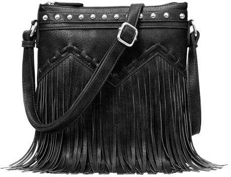 Sunwel Fashion Fringe Crossbody Bag with Rivets Western Purse Vegan Leather Tassel Shoulder Crossbody Bag for Women, Black