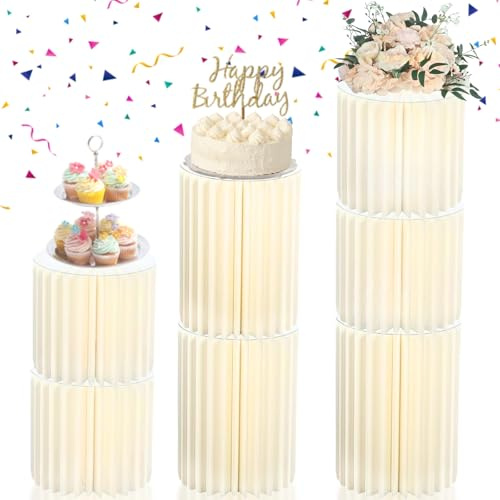 Merrifete Stacking-Block Design Cake Stands for Party, Customizable Height, Sturdy Cardboard Column with Clearance Acrylic Plate, Reusable Round Cylinder Stands for Party for Birthday Wedding Dessert