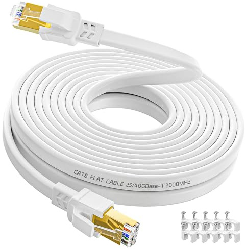 Câble Ethernet 8m, Cat 8 Cable Réseau Plat Haut Débit Fibre RJ45 8 Mètres | Cat8 Cable 8 Mètres, 40Gbps 2000MHz Câble LAN Blindé Gigabit Fil Internet Blanc pour PS5/4 Routeur Switch