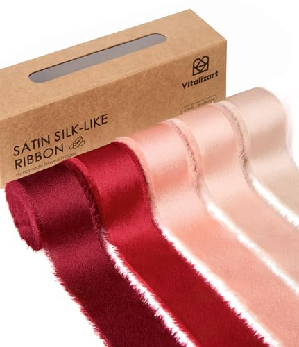 Vitalizart Silky Chiffon Ribbon Red & Pink 1 inch x 25 Yard (5 Rolls*5Yd), Handmade Luxury Frayed Ribbons for Gift Wrapping, Baby Shower, Wedding Bridal Bouquets, Festival Decoration