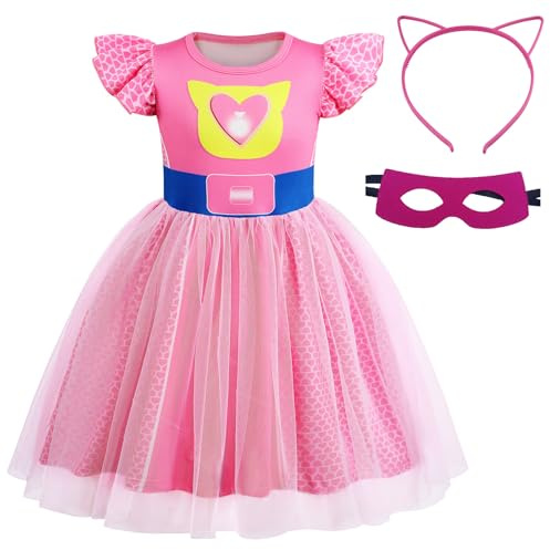 Marendyee Kitties Ginny kostym barn flickor halloween kostymer fladdrande ärm nät fåll klänning med katt öga mask och pannband födelsedagsfest outfit rosa 9-10 år