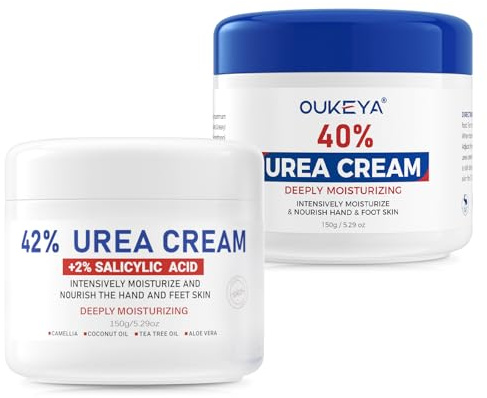 OUKEYA 40% Urea Fotkräm & 42% Urea + 2% SA Kräm Set, Intensiv Vård för Torra, Spruckna Hälar, Fötter & Händer, Exfolierande & Djup återfuktande behandling, 2x150g