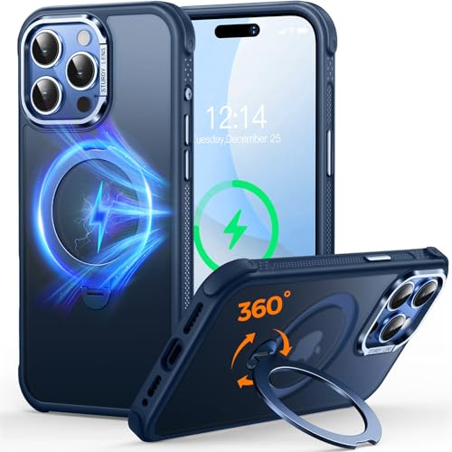 Custodia O3 Mag-Stand per iPhone 15 Pro con Supporto a 360°,[Compatibile con MagSafe][Eccezionalmente Delicata Sulla Pelle] Sottile Eopaca Magnetica Traslucida 6,1, Blu Opaco