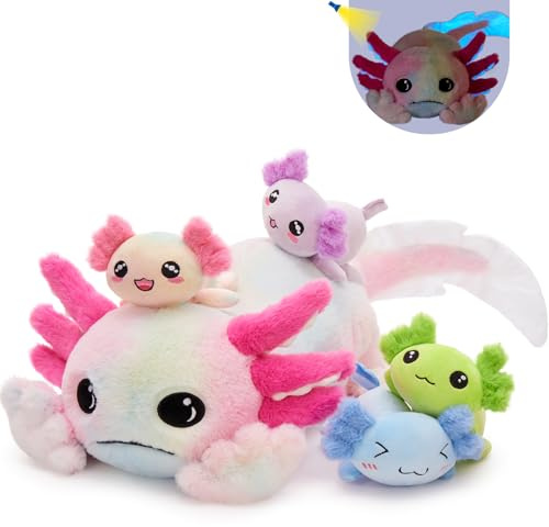 MorisMos 5Pcs Axolotl Plush with 4 Babies Inside, 81 cm Glow in the Dark Axolotl Stuffed Animal Family Set, Kawaii Salamander Soft Toy Gift for Kids Girls Boys Birthday Party Decor，Tie dye pink