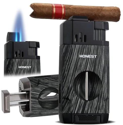 HONEST Encendedor de cigarros con llama de chorro resistente al viento, cortador de puros en V integrado, regalo para Navidad, encendedores de antorcha de butano recargables, encendedores frescos todo