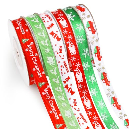 Weihnachtsband Geschenkband Weihnachten 55m 6 Rollen Schleifenband Geschenkband Rot Grün Satinband Geschenkbänder Weihnachten geschenkband Set Elch Bänder Für Geschenk Weihnachtsbaum Deko