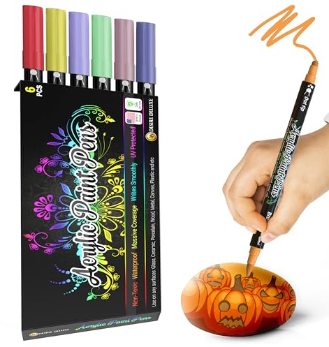 Desire Deluxe Pennarelli a Vernice Acrilica per Sassi, Ceramica, Vetro, Legno – Pennarelli Atossici a Base d’Acqua – Ottimo Materiale Artistico per Pittori e Creativi (Doppia Punta Multicolore, 6)