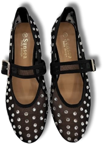 SUNSEA Shoes Bailarinas Mujer Tacón Bajo con Pedrería. Merceditas Mujer Mary Jane con Correa Ajustable, Cómodas y Flexibles