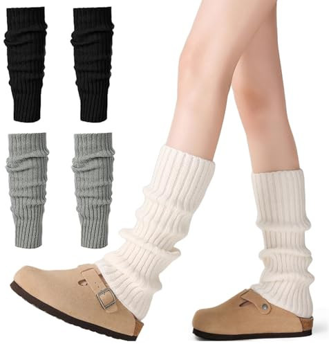 CHUANFU 3 Paires Leg Warmers Tricotées pour Femme, Jambiere Longues en Crochet, Chaussettes Longues Tendance, Genouillères Chaudes Hiver, Guêtres de Jambe pour Ballet Danse Yoga (Noir, Blanc, Gris)