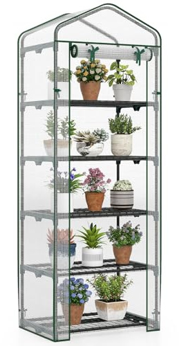 RELAX4LIFE Mini Gewächshaus, Foliengewächshaus mit 5 Regalen & Rolltür & Metallrahmen, Überwinterungszelt für Pflanzen, Tomatengewächshaus Winterfest für Garten, Terrasse, Balkon, 69 x 48 x 190 cm