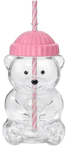 nplaseta Bear Cup Glas 580ML Bärentasse mit Strohhalm Deckel Trinkgläser Transparenter Kaffee Glasbecher für Heiße und Kalte Getränke (Pink)