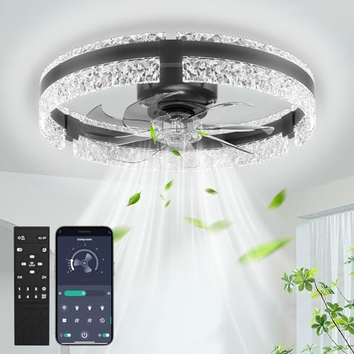 Deckenventilator mit Beleuchtung Ø50cm, 6 Windstufen Leise & 3 Farbtemperaturen Deckenlampe mit Ventilator, Deckenleuchte mit APP Fernbedienung für Schlafzimmer Wohnzimmer, Schwarzes Diamantdesign