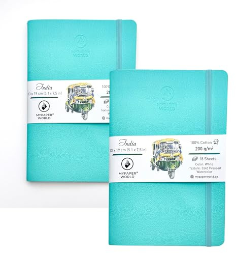 Mypaperworld Aquarell Skizzenbuch 200 g 100% Baumwolle Watercolour Aquarellpapier Mint19x13 cm Kalt Gepresst 2-er Set