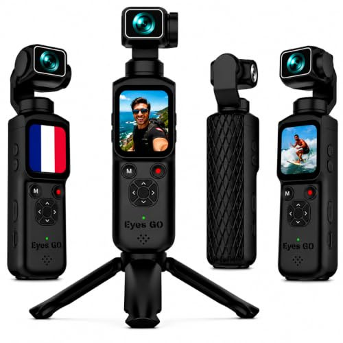 EYES GO VLOG - Marque Française - Caméra Sport 4K 30fps - Photo 75MP - Ecran Tactile 4,36cm - Stabilisateur Gimbal 2 Axes Suivi Visage 180°/330° - Zoom X18 - Autonomie 3H20 - Mode Beauté IA
