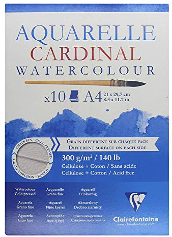 Clairefontaine 96183C Cardinal Aquarellblock (DIN A4, 21 x 29,7 cm, 300 g, kopseitig verleimt, 10 Blätter, 2 Körnungen, ideal für Anfänger) extraweiß