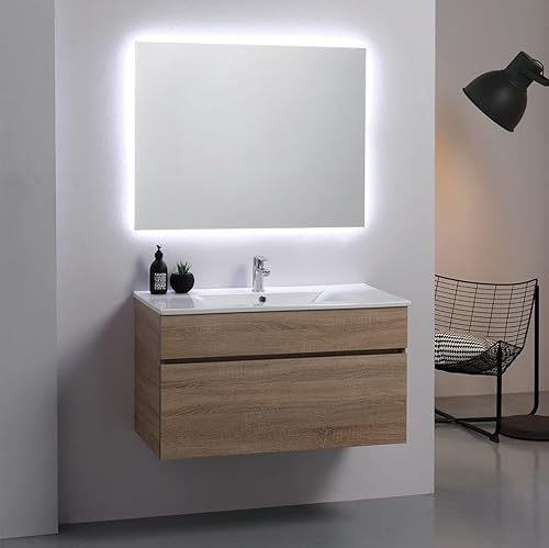 Kiamami Valentina Mobile Bagno Sospeso 90 Cm Quercia Naturale Specchio Led | Composizione con lavabo ceramica, cassettone, specchio retroilluminato 90x70 cm, chiusura ammortizzata