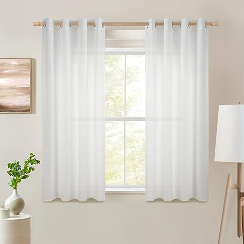 Topfinel Voile Vorhänge mit Ösen Halbtransparent Gardine Leinenstruktur Garn Muster Fensterschal für Zimmer, Büro, 2er Set 160x140 (HxB) Weiß