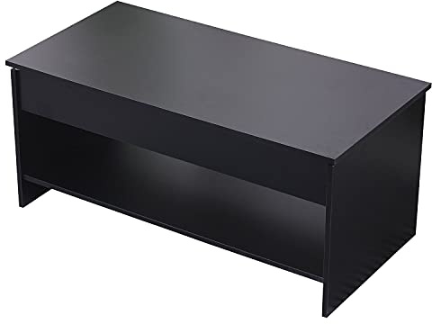 Happy Garden moderner Couchtisch mit hochklappbarer Tischplatte schwarz Hedda. Wohnzimmertisch aus Holz mit Ablage. Rechteckiger Tisch mit Regal.
