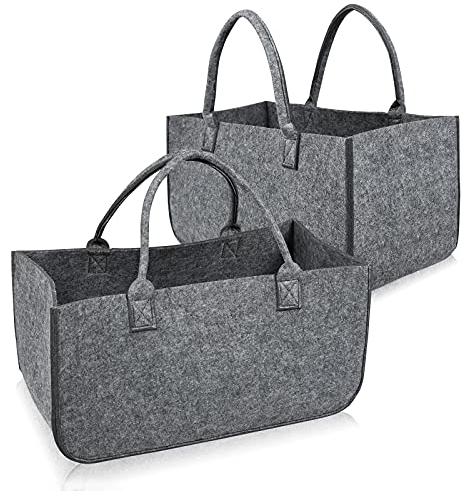 UISEBRT 2 Stück Kaminholztasche Filz, Filztaschen Shopper mit Tragegriffen, Kaminholzkorb Filztasche für Holz Kaminholz und Zeitungen, auch als Einkaufstasche, 25x25x50 cm (Hellgrau)