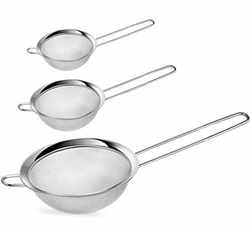 Tea Strainer Fine Mesh Sieve (36cm 27cm 21cm) Size Stainless Steel with Non Slip Handle Kitchen Craft Strainers for Loose Tea Cocktail Juice Flour Spices and Baking Silver Color (Pack of 3) (Silver)