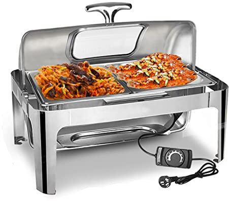 JTYDFG Chafing Dish Party Food Warmer Buffet Set, Roll Top Chafing Dishes Buffet Stove Rectangular with 180°revolvable Lids and Food Warming Tray for Catering Party, Thick Stainless Steel 1.8mm, 9L
