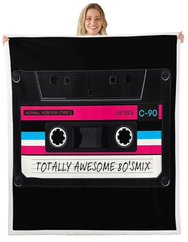 Erosebridal 80s Party Plush Blanket Throw Size,Audio Cassette Blanket for Kids Children,Vintage Music Theme Throw Blanket for Chair Sofa,Retro Tape Fleece Blanket Music Art Style Sherpa Blanket,Luxury