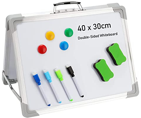 ZEONHEI 30 x 40 cm liten vit bräda, bordsskiva hopfällbart bärbart stativ dubbelsidig skrivbord whiteboard staffli med aluminiumtrim för hem kontor ritning