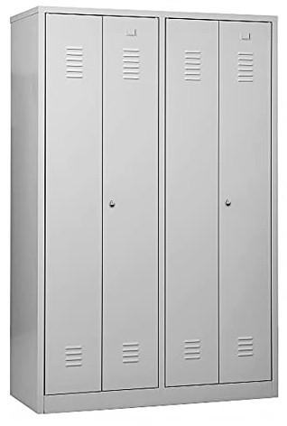 Schrank & Stuhl Doppelspind mit Trennwänden – zur Trennung von Arbeits- und Privatkleidung 180x117x50cm, 4 Abteile für Zwei Personen, Zylinderschlösser, Grau
