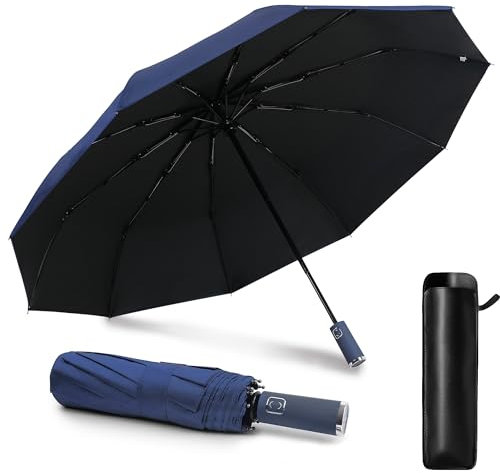 DOFOWOT Paraguas de viaje a prueba de viento, 12 costillas, protección UV UPF 50+, paraguas plegable de fibra de vidrio, paraguas compacto de apertura y cierre automático para hombres y mujeres