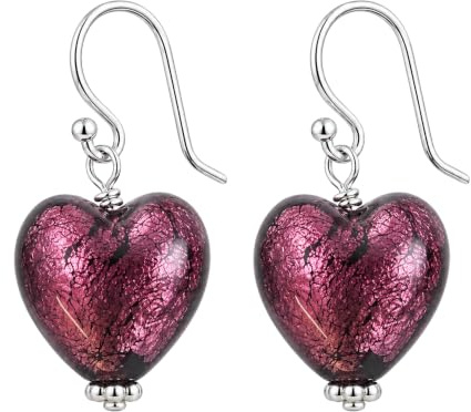 Verre de Murano avec coeur violet en boucles d'oreilles en argent sterling – idées de cadeaux faits main pour femmes