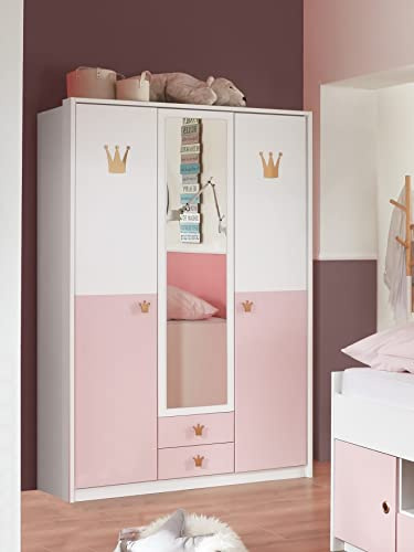 möbelando Kleiderschrank >CINDY2< (BxHxT: 139x199x58 cm) in Weiss + ABSETZUNGEN Rose