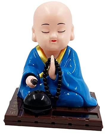 Gralara Little Monk Figurine, Solar Dancing Toys Shaking Head Dolls, Buddha Monks Statue Car Ornament, Bobble Head Toy for Home Office Desk Decor, Blue, L