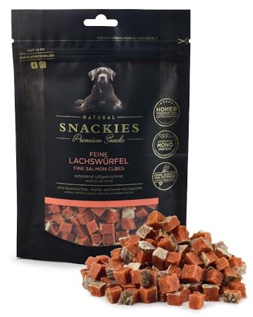 SNACKIES 16er-Pack (à 170g) Premium Snacks für Hunde, Feine Lachswürfel ohne Zusatz von Getreide, Zucker, Farb-, Aroma- und Konservierungsstoffe, schonend luftgetrocknete Leckerli
