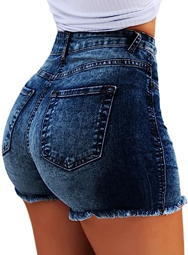 Pantalones Cortos Mujer Verano Vaqueros Cintura Alta Short Calientes Elasticidad Jeans con Bolsillos (S, Azul Oscuro)