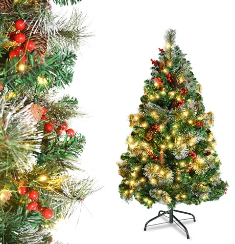 HENGMEI Weihnachtsbaum 120 cm, PVC künstlicher Tannenbaum mit 8 Lichtmode Beleuchtung Ständer Kiefernzapfen Ilex Tannennadeln, dichte Zweige Christmas Tree Ø74 cm