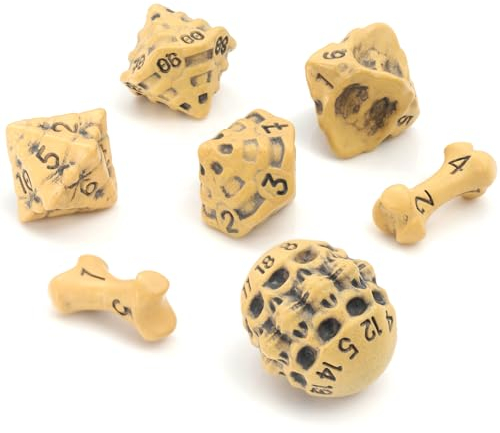 DND Würfel Set - Dice Set mit 7 Skull & Bone/Schädel & Knochen D&D Würfel - D20, D12,%D10, D10, D8, D6 & D4 Seitig für Dungeons & Dragons (D&D), Warhammer, Pathfinder, Pen and Paper Geschenk. (Gelb)
