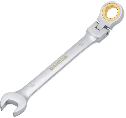 DAKCOS Kombi-Ratschenschlüssel 15mm - Ratschenringmaulschlüssel mit Gelenk aus CR-V mit mattierter Chromoberfläche