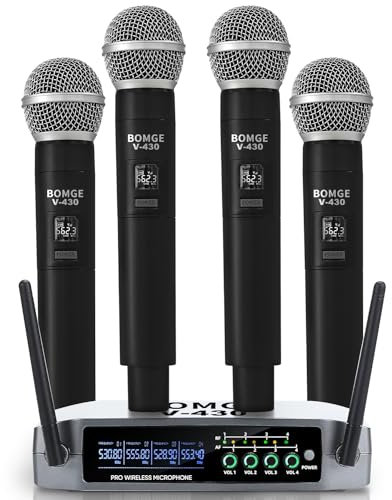 BOMGE V430 Kabelloses Mikrofonsystem, 4 Kanäle, kabellos, mit vier Handmikrofonen, Festfrequenz, lange Reichweite, 61 m, ideal für Kirche, Karaoke, Veranstaltungen