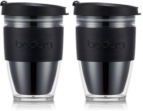 BODUM 11889-01S JOYCUP Travel Mug, Double wall, 0.3 l, Black Band, Plastic (Pack of 2)