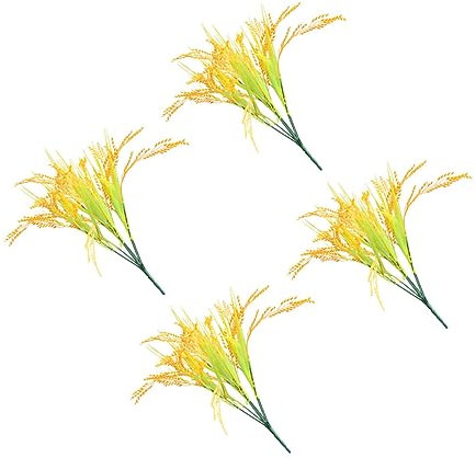 TOPBATHY Artificial Wheat Ears and Simulation Wheat Stalks 7-branch Yellow Plastic Decorative Grain Flowers 4pcs Set for Home and Wedding Decor