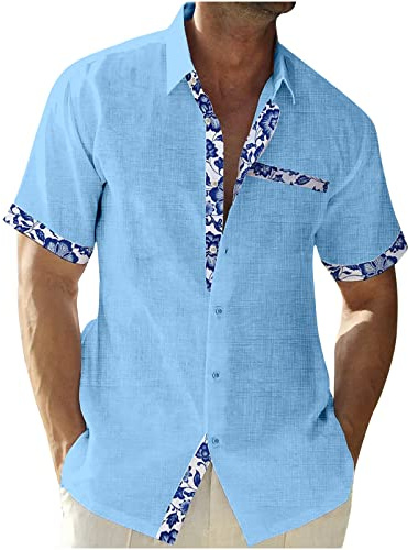 Men's Cotton Linen Short Sleeve Shirts UK Sale Clearance Floral/Plaid Printed Patchwork Button Down Hawaiian Shirts Summer Vacation Beach Shirts Lightweight Regular Fit Casual Tops
