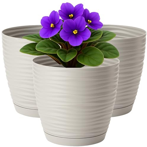 Home Garden Ornaments Wave Plant Pots Indoor, Set of 3 Indoor Plant Pot with 3D Effect, Drainage Holes, and Integrated Saucer, Plastic Flower Pots (Diameter: 11cm, Colour: Light Grey)