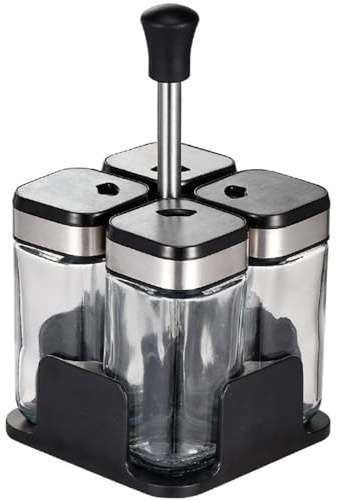 TINMIX Revolving Spice Rack Organizer, Countertop Seasoning Holder with 4 100ml Glass Square Jars, Modern & Fashion, Silver-Black