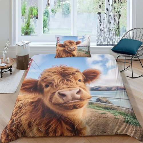 FWLYIJIAREN Mucca ad alto mortaio Set Di Biancheria Da Letto Con Stampa 3D 1 Federe Copripiumino Con Chiusura A Cerniera Morbida Microfibra Copripiu Adatto A Ragazzi, RagazzeSingle（135x200cm）