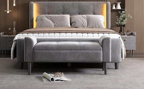 MSMOK Panca imbottita con bracciolo Panche letto pouf Panche per camera da letto, pianoforte e sala da pranzo con motivo trapuntato, velluto, MDF grigio