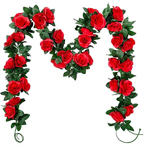 2 Pack 7.2ft Künstliche Fake Rose Girlande Reben Hängende Seide Blumen für Outdoor Indoor Hochzeit Wand Kulisse Garten Badroom Dekoration (Rot)